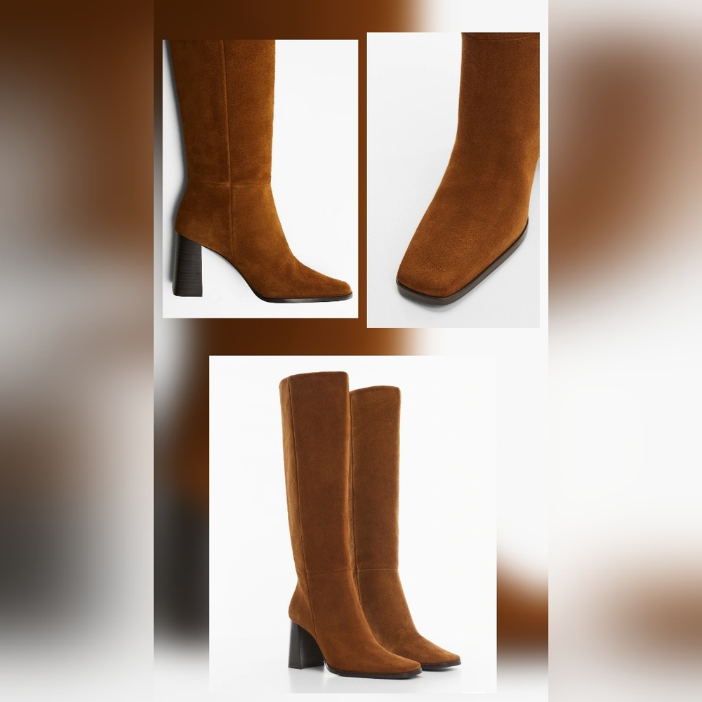 Mango Elegant Cognac Brown Suede Leather Women's Heeled Boots Size 6